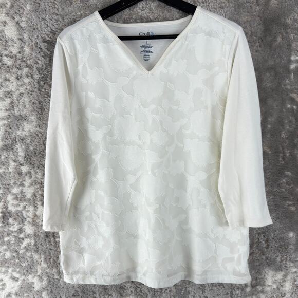 croft & barrow Tops - Croft Barrow Size S Floral Casual V‎ Neck Top Ivory 3/4 Sleeve Pullover